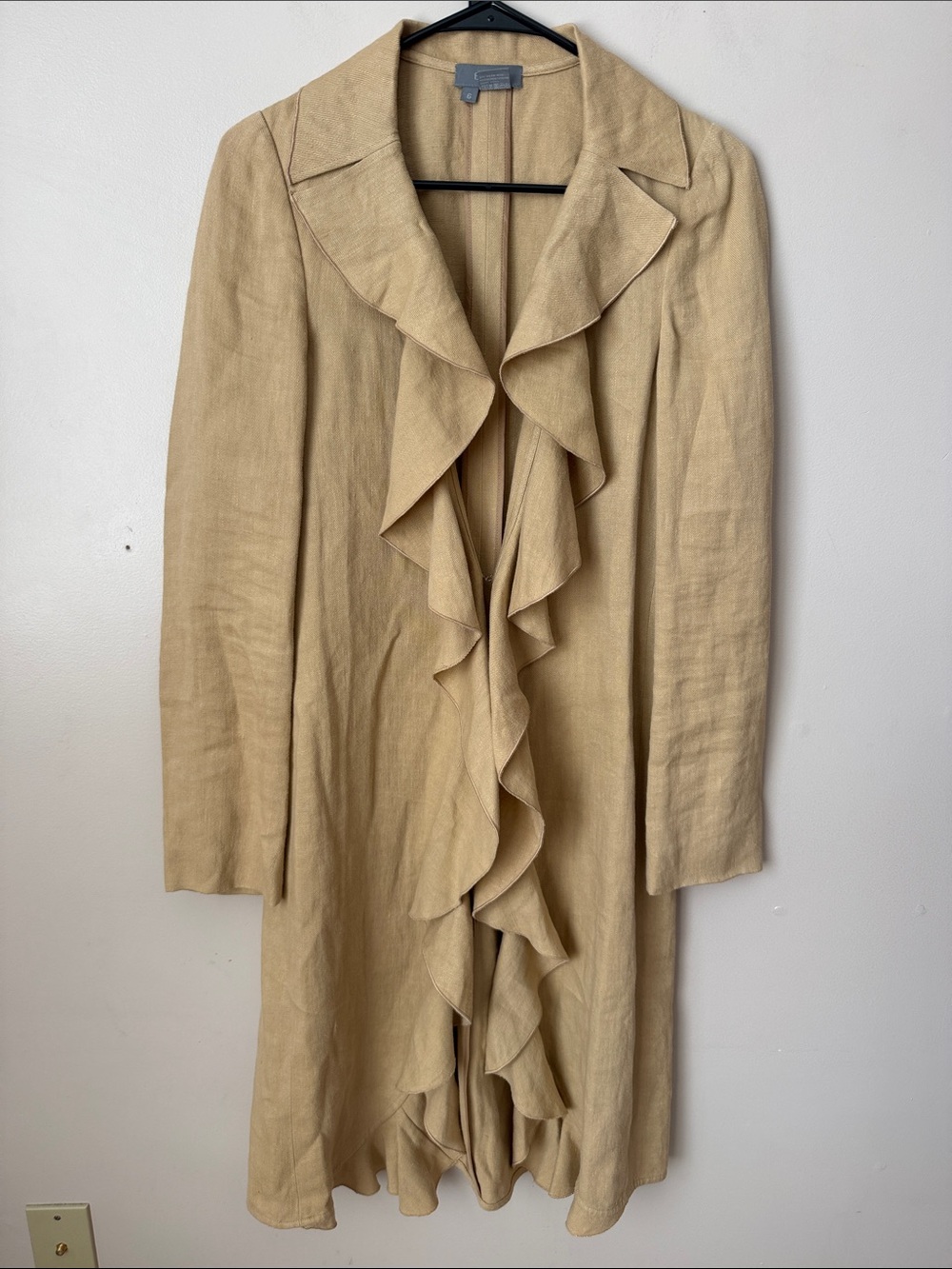 Eccoci 100% Linen Ruffled Long Cardigan Topper Overcoat Jacket Beach Lightweight